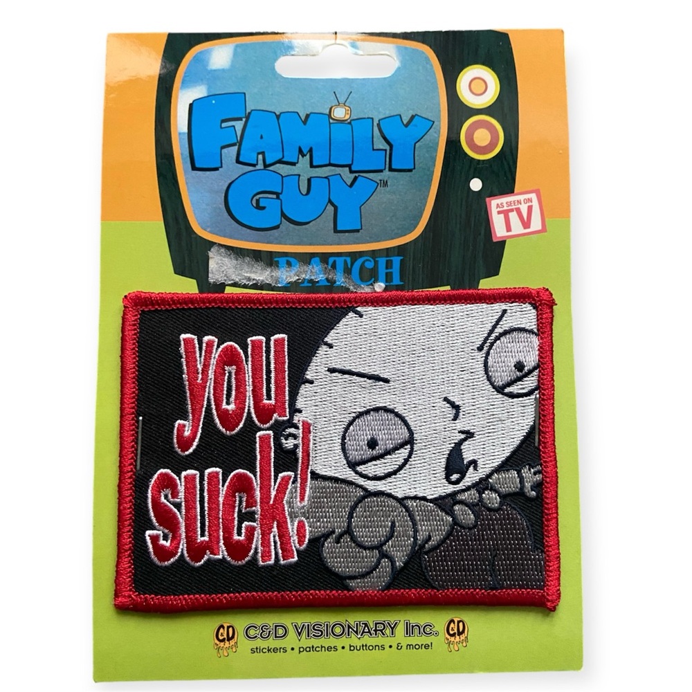 Family Guy 2004 Stewie Griffin You Suck Iron On Patch New on Card Y2K